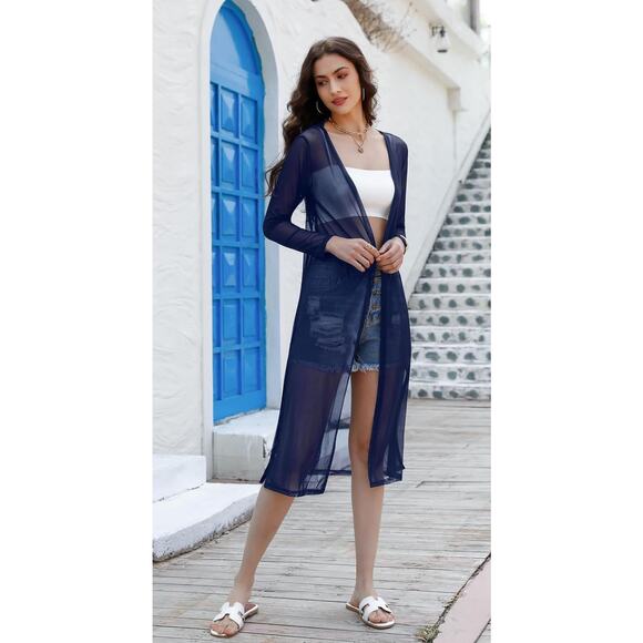 NWT Totatuit Long Layering Cardigan Open Front Tops Solid Duster Navy Blue Small - Picture 2 of 5